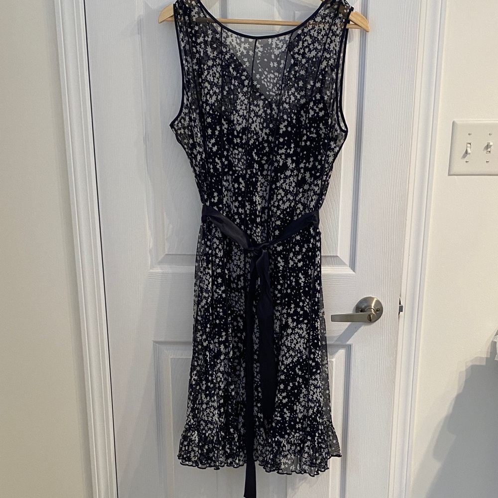 Laura Elegant Navy Floral Lace/Sheer Dress with Navy full slip Size 16